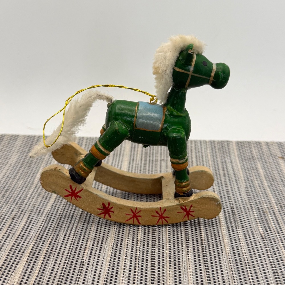 Vintage Hand Painted Wooden Rocking Horse Christmas Ornament Green Gold 3.5 inch
